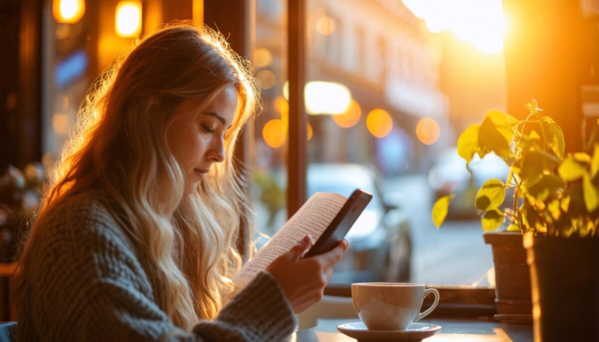 Femme qui lis un article sur telephone