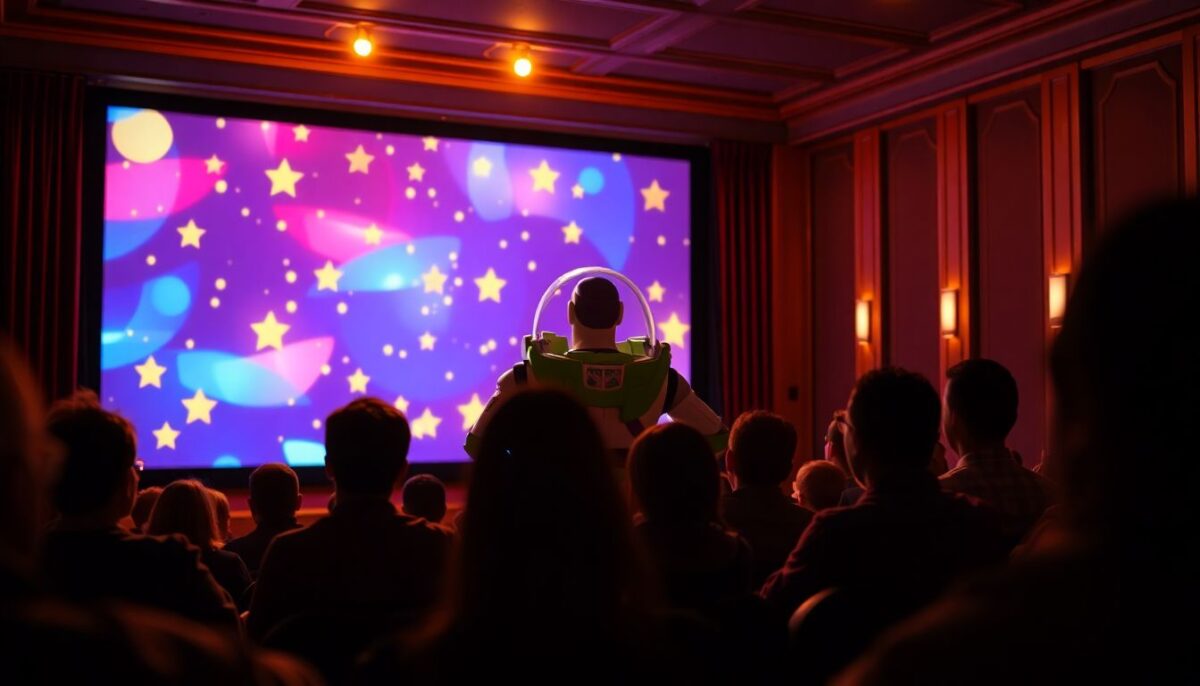 au cinem, sur ecran on voit woody et buzz l'éclair